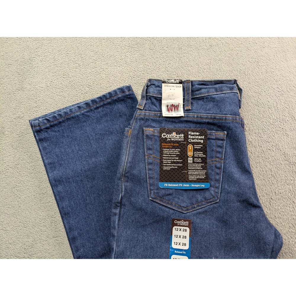 Carhartt Women FR Relaxed Fit Straight Leg Jeans Blue Denim 12x28 WFRB160 DNM